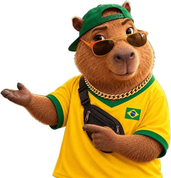 A capivara do Capivirou, de boné verde, óculos escuros e camisa do Brasil, apresentando com a mão aberta
